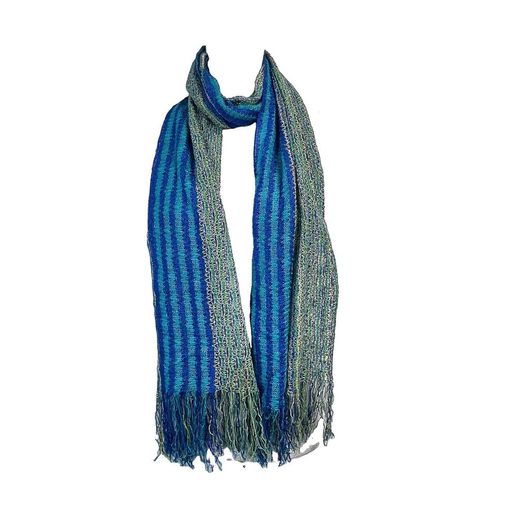 Missoni Foulard Fringe Scarf Blue Aqua Green Purple 17.5" x 76" Made in Italy